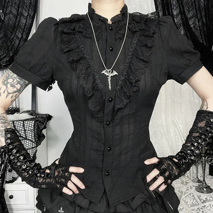 Sweet Lolita Cotton Shirts Women Vintage Gothic Black White Jacquard Short Sleeve Blouses Elegant Office Lady Y2k Tops.