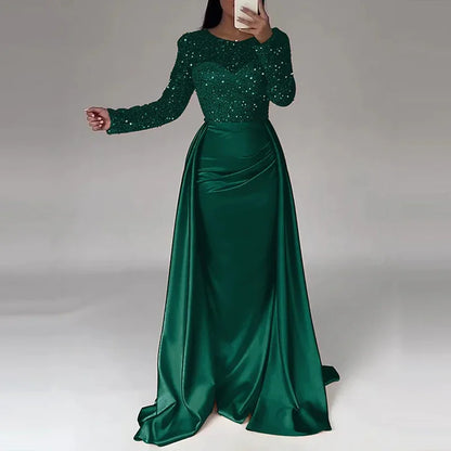 Elegant Satin Sequin Stitching Dress Luxury Glitter High Waist Gala Evening Dress Women Chic Long Sleeve Full Length Party Dress