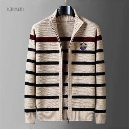 Winter Wool Liner Sweater  Cardigan Man Knit Striped Stand Collar Jacket Outwear Knitted Sweatercoat Men Vintage Clothing.