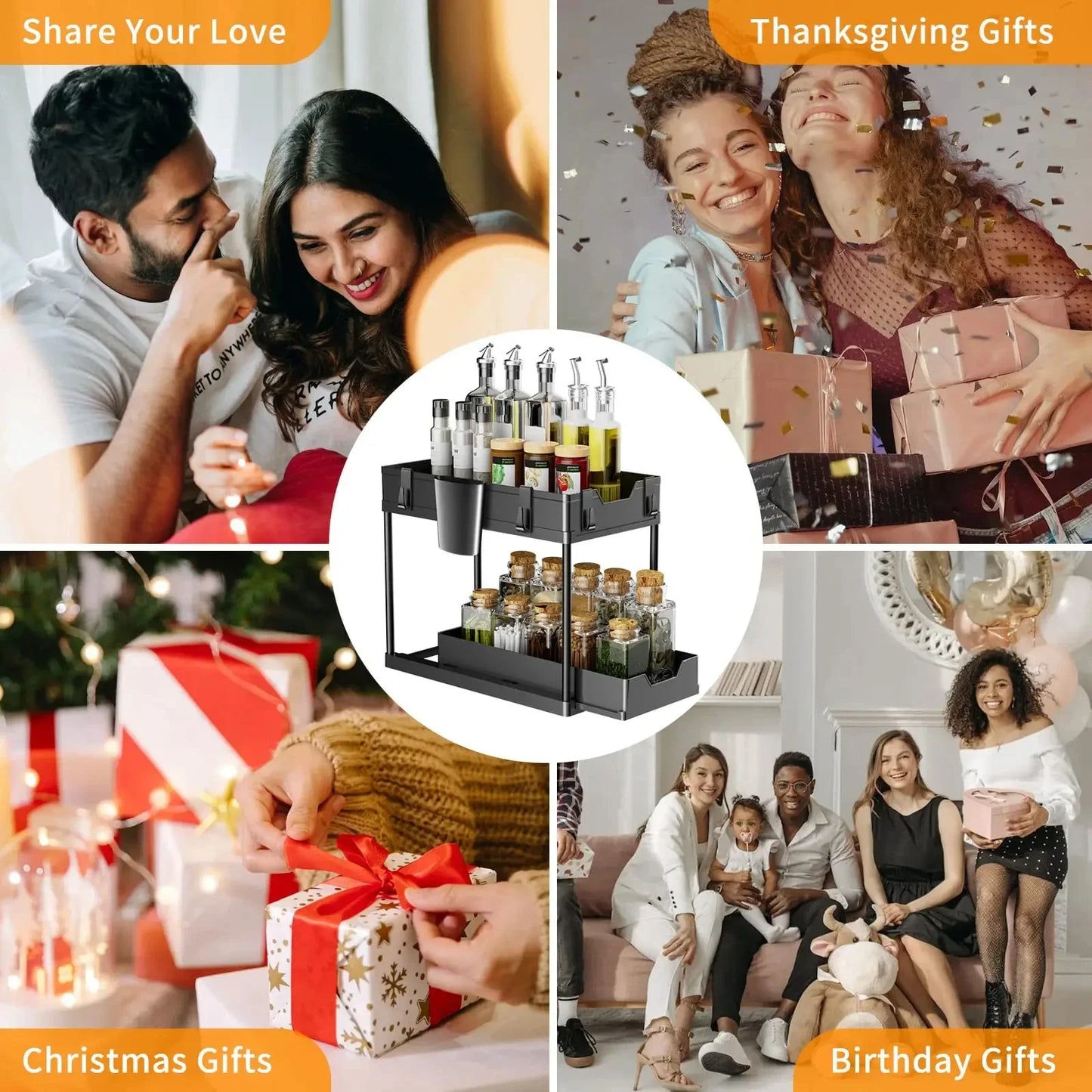 2 Tier Under Sink Organizer Sliding Cabinet Basket Organizer Storage Rack with Hooks Hanging Cup Bathroom Kitchen Organizer