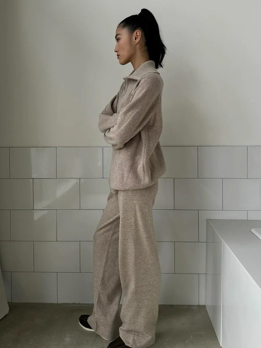 Tornova Zipper Strickjacke Pullover Anzug Weibliche Gestrickte Langarm Casual Mantel Breitbeinig Hosen Pullover frauen Zwei Stück Set