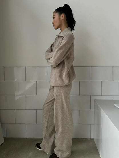 Tornova Zipper Strickjacke Pullover Anzug Weibliche Gestrickte Langarm Casual Mantel Breitbeinig Hosen Pullover frauen Zwei Stück Set