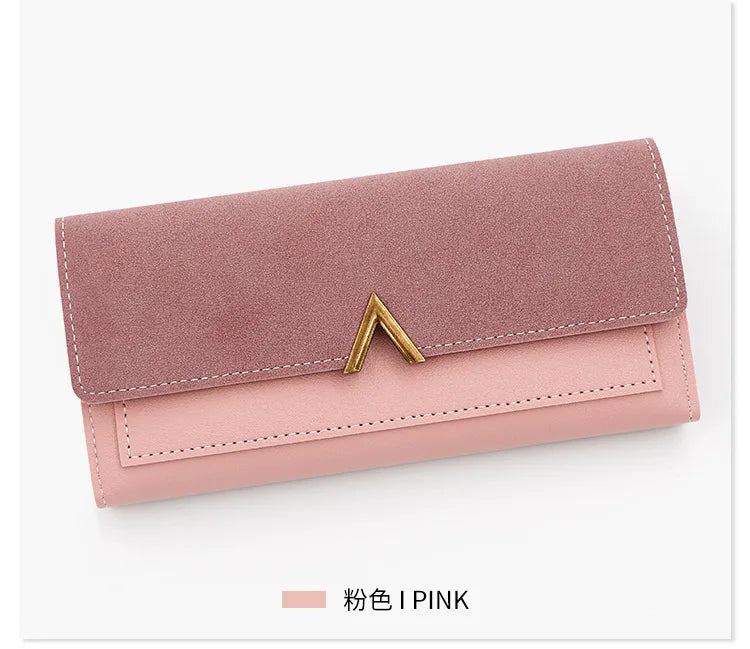 New Korean version women's wallet long V-shaped buckle three fold wallet for women, hand-held bag, change card bag.