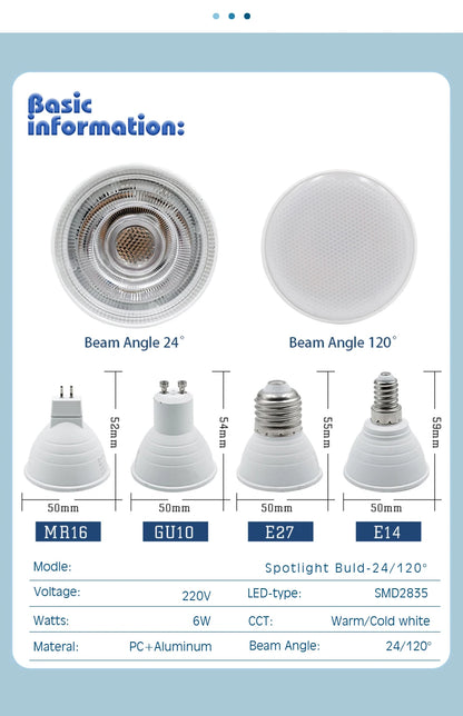 1-10PCS LED Strahler Birne E27 E14 MR16 GU10 AC220V 6W 24/120 Grad Strahl Winkel hohe Lumen Indoor LED Energiesparende Lichter Birne.