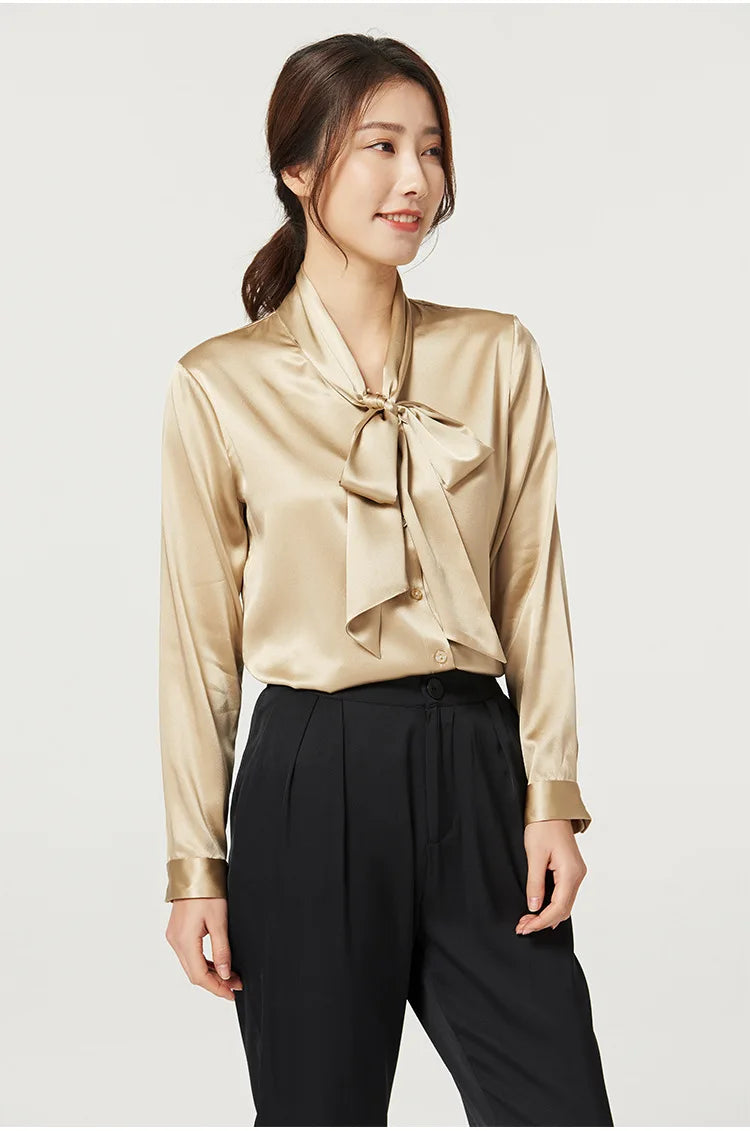 Heavyweight Mulberry Silk Shirt Women's 2025 Spring And Autumn New Long Sleeve Satin Silk Blouse V-neck Bow Ribbon Shirt