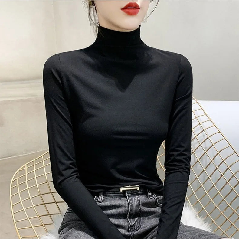 Schwarz Rollkragen T-shirt Langarm Tops Frauen Y2k Kleidung Herbst Winter Koreanische Mode Modale Elegante T-shirts für Frauen 2024
