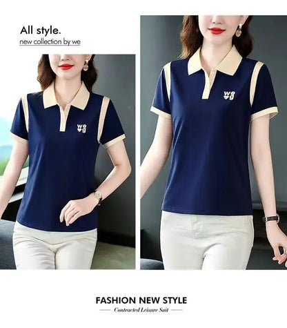 Sporty Short Sleeve Polo Shirt for Women Summer Fashionable Hong Kong Style Top Slim Fit Mixed Fabric Trendy T-Shirt