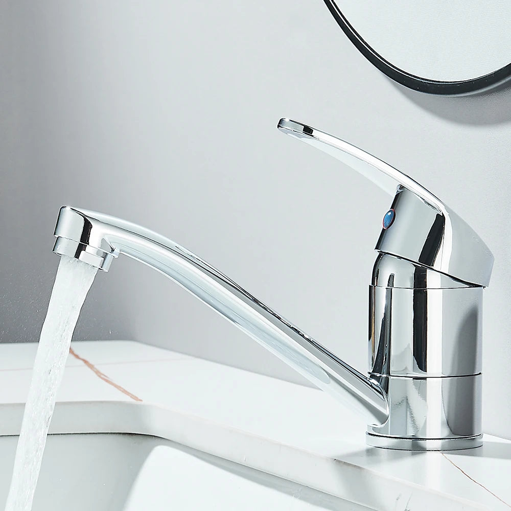 Kitchen Faucets Chrome Deck Mount Bathroom Basin Faucets Single Handle Single Hole Hot and Cold Water