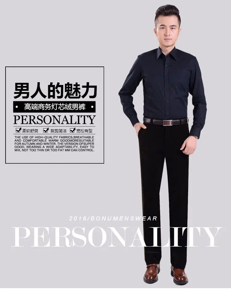 Business Casual Men Corduroy Pants Autumn Winter New Solid Zipper Pockets Simplicity Fashion Loose Thicken Straight Trousers.