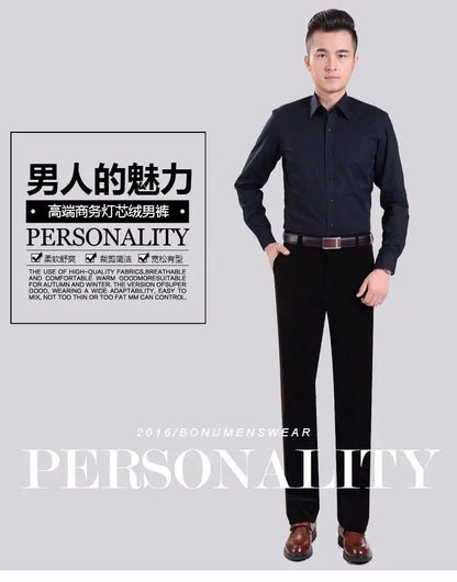 Business Casual Men Corduroy Pants Autumn Winter New Solid Zipper Pockets Simplicity Fashion Loose Thicken Straight Trousers.