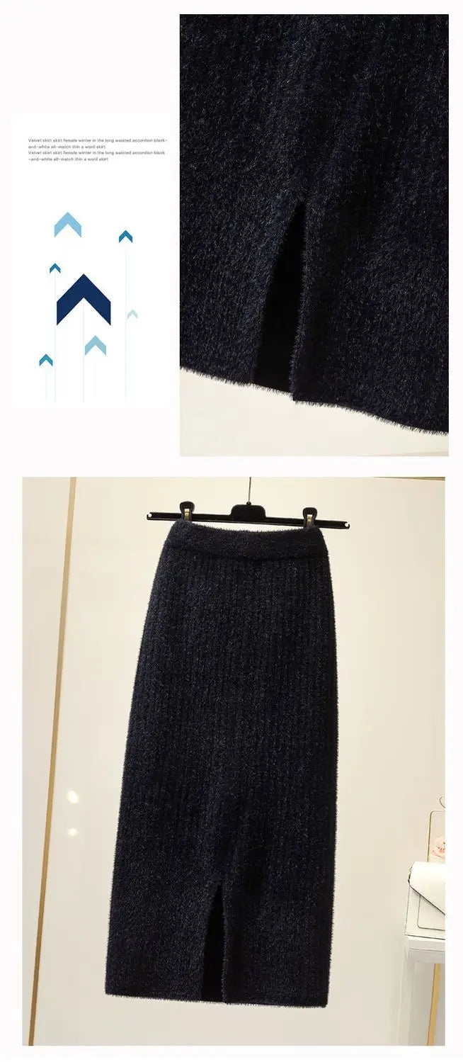 Mink velvet skirt female autumn and winter mid-length knitted one-step skirt split straight winter skirt casual solid long skirt.