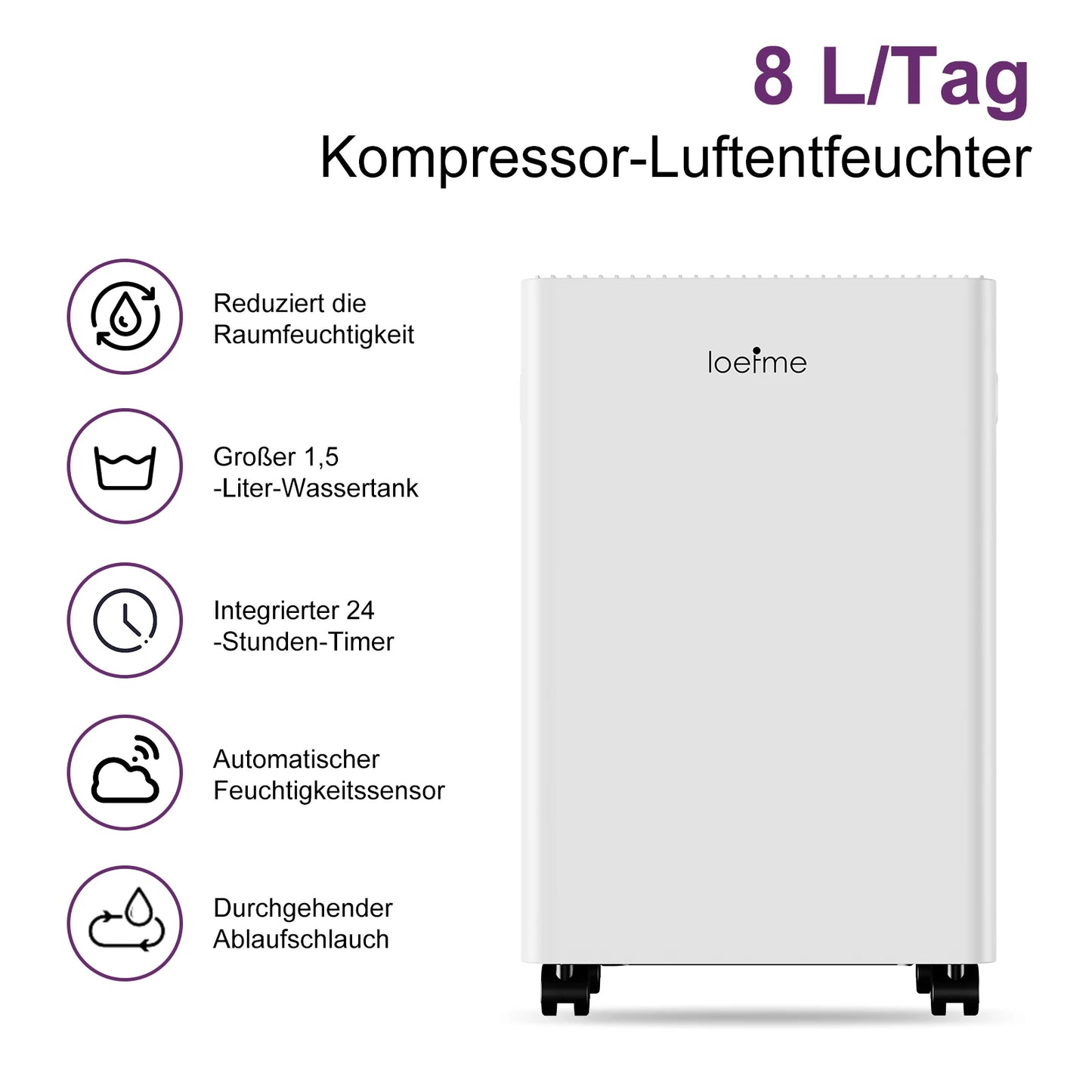 LOEFME Dehumidifier 8L/Day, Electric Dehumidifier, 1m & 3m Drain Hoses, Touchscreen with LED Display, 24h Timer, 1.5L Water Tank.