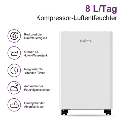 LOEFME Dehumidifier 8L/Day, Electric Dehumidifier, 1m & 3m Drain Hoses, Touchscreen with LED Display, 24h Timer, 1.5L Water Tank.