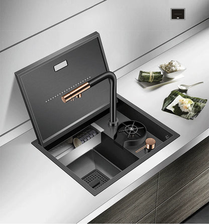 Nanometer Hidden Bar Island kitchen Sink 304 Stainless Steel Flip Cover Hidden Handmade Small Size kitchen Sinks With Cup Rinser