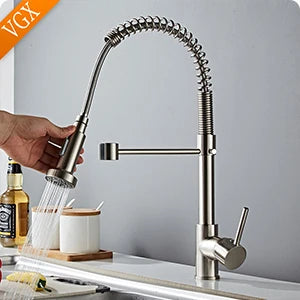 VGX Brushed Kitchen Faucet Sink Faucets Rubber Pull Down Stream Sprayer Taps Rotatable Kitchen Mixer Water Tap Hot Cold Crane