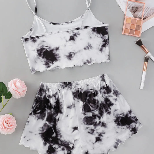 Y2K Tie Dye Dream Grafik-Pyjama-Set für Damen, Cami-Crop-Top und Shorts, zweiteilige Nachtwäsche, Loungewear, sexy Salatbesatz, neu und heiß