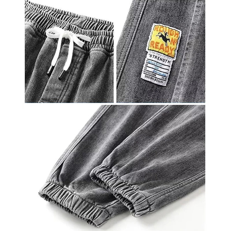 Men Jeans Elastic Tie Up Harem Denim Pants Male Bound Feet Designer Cargo Joggers Denim Trousers Daily Narrow Leg Casual Jeans.