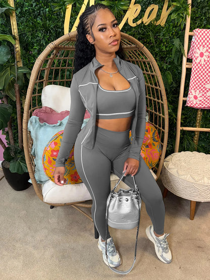 Weird Puss Casual 3 Piece Set Women Tracksuit Elastic Vest+Zip Jacket+Leggings Matching Street Sporty Fitness Street Shapewear.