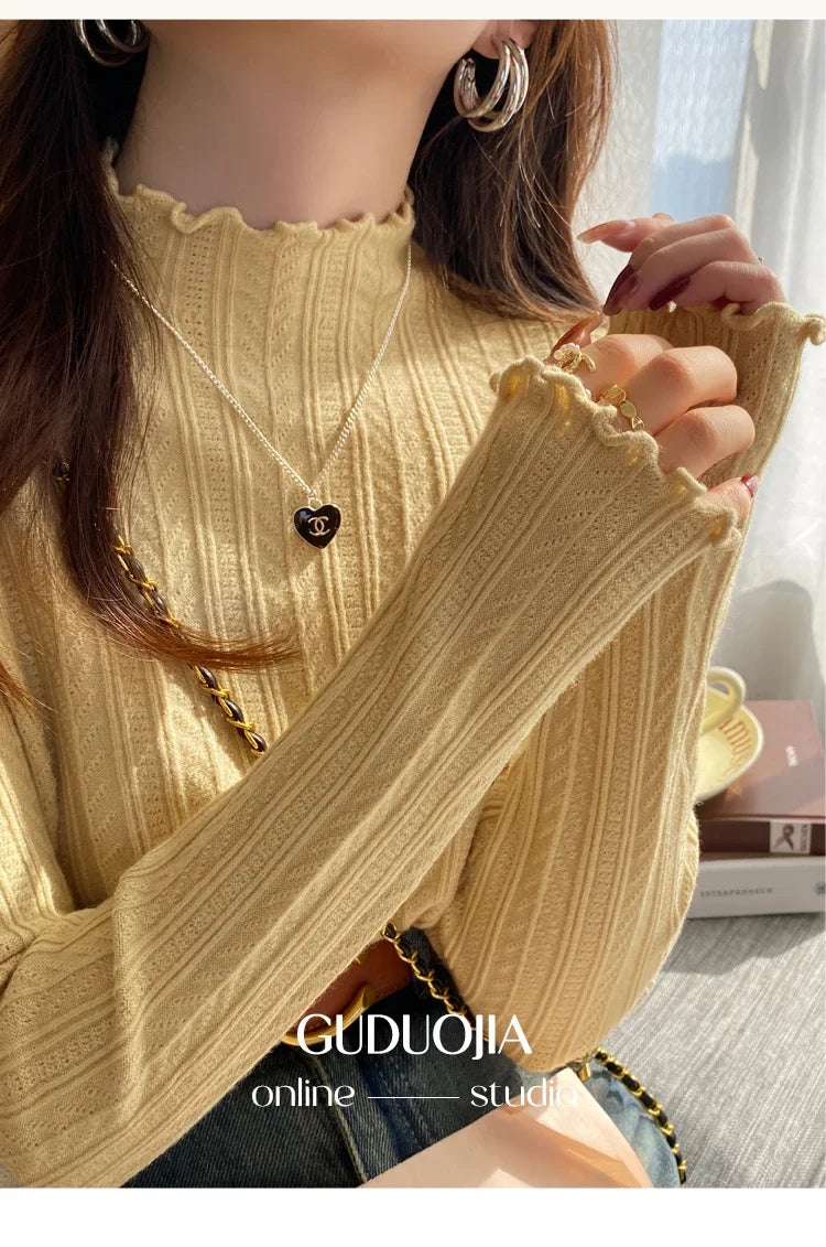 2025 Korea Geraffte Rollkragen Frauen Pullover Herbst Winter Warme Pullover Schlank Tops Gestrickte Pullover Jumper Weiche Pull Weibliche.