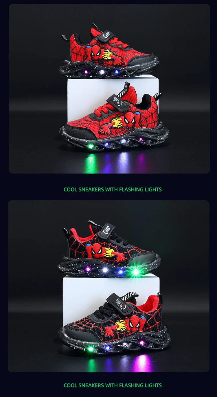 LED Casual Sneakers Red Black For Spring Boys Cartoon Mesh Outdoor Shoes Children Lighted Non-slip Shoes Size 21-30.