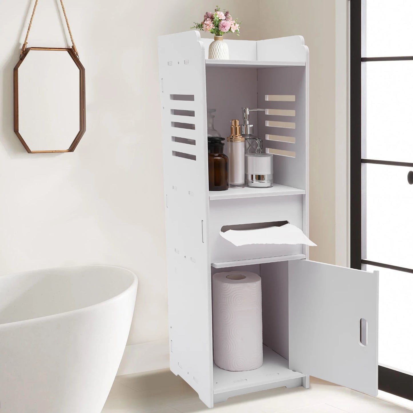 4-stufiger rechteckiger Badezimmerschrank, weißes freistehendes Lagerregal, Mehrzweck-Aufbewahrungsschrank, Badezimmerschrank, 24 x 24 x 80 cm