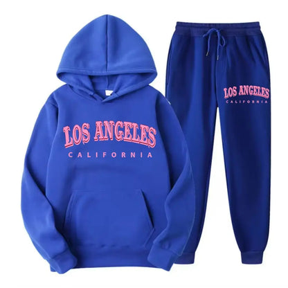 Two Piece Set Street Womens Hoodie & Pants Fleece Pocket Loose Pullover Los Angeles California Print Clothes Fashion Sportswear.