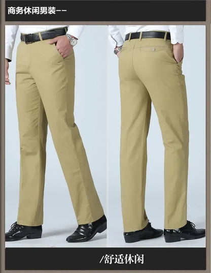 Smart Casual Pure Cotton Anti-Wrinkle High Waist Loose Baggy Straight Thicken Men Spring Autumn Solid Color Mid Casual Pants.