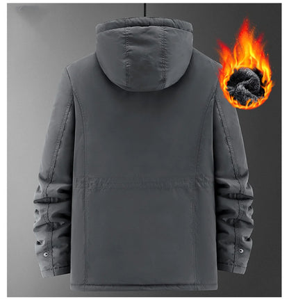 New Autumn/Winter Men's Fleece-Lined Thickened Cotton Coat Casual Vintage Workwear Jacket with Detachable Hood Multiple Pockets.