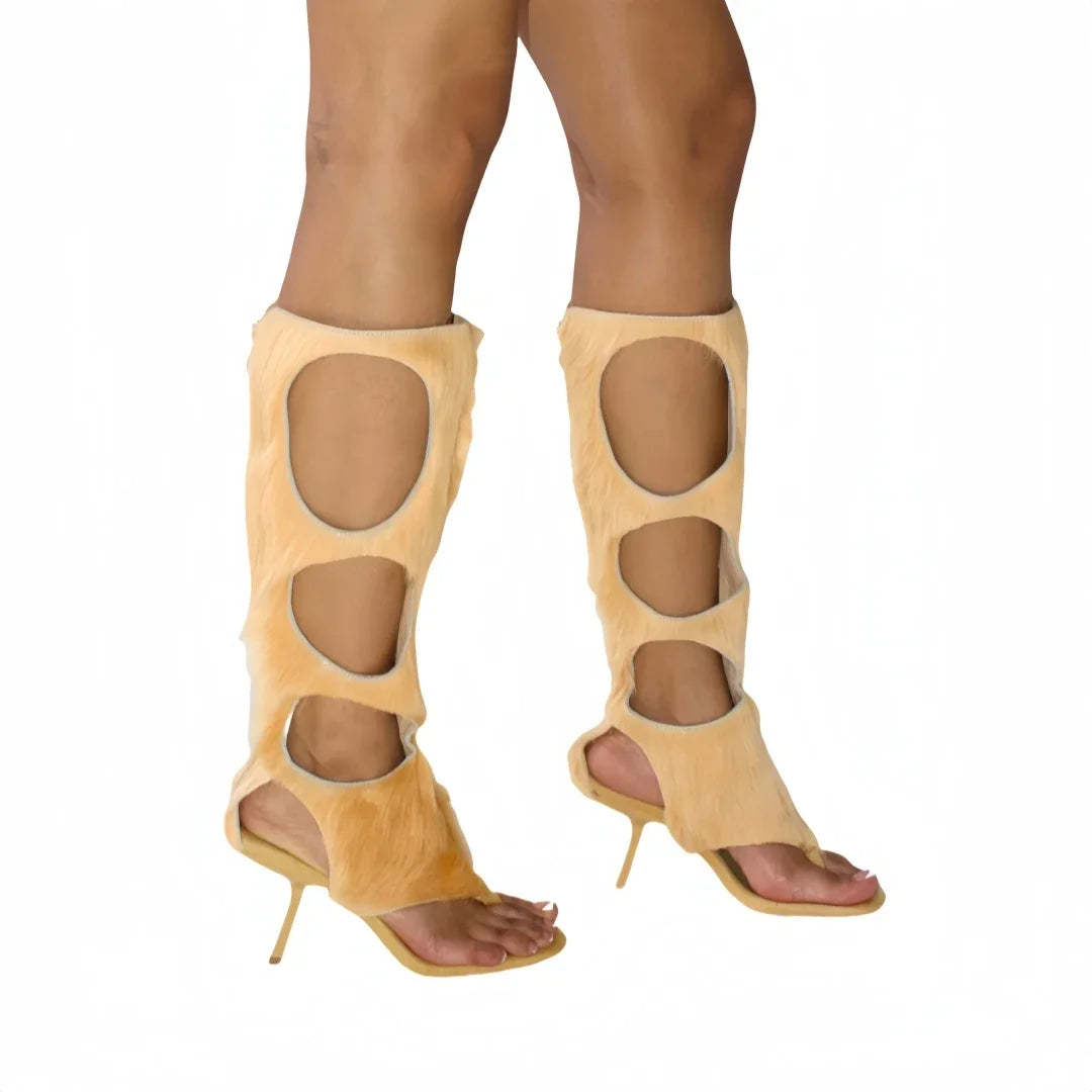 2025 New Luxury Women's Knee-High Boots | Real Horsehair Cut-Out Stiletto Heel & Rear Zipper | Evening Party Club Dress Shoes.