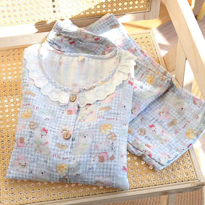 Spitzen-Design, Rundhals-Pyjama-Set aus Baumwolle, doppellagig, Gaze, für Damen, vier Jahreszeiten, dünne, langärmelige Hosen, Strickjacken, Kleidung.