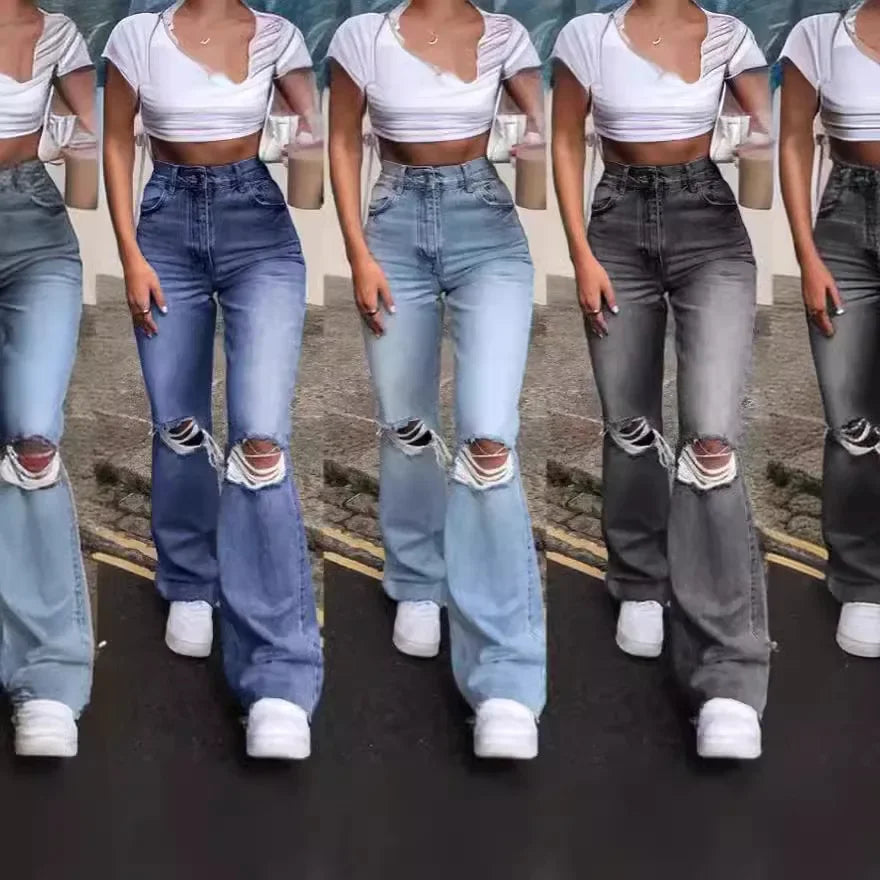 Hole Flare Pants Jean Women Fit Vintage Pockets High Waist Zipper Button Basics Denims Wide Leg Trousers 2025 Casual Jeans.