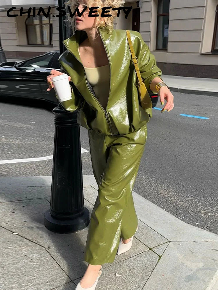 Stylish Leather Solid Jacket Pants Set Women Stand Collar Zipper Coat Loose Trousers Sets Female 2025 Autumn Fashion Streetwears.