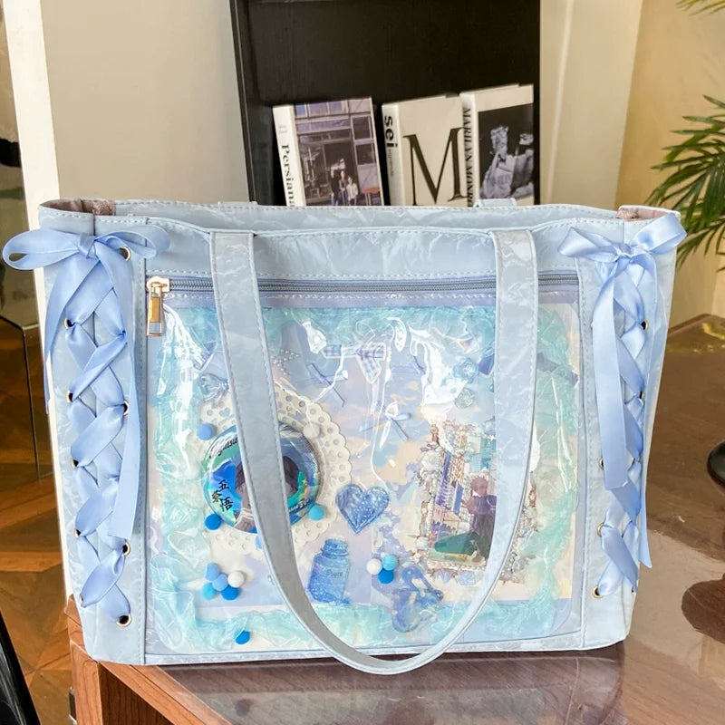 New Versatile Fashion Ribbon Itabag Large Capacity Green Large Food Anime Millet Bag Daily One Shoulder Tote Bag.