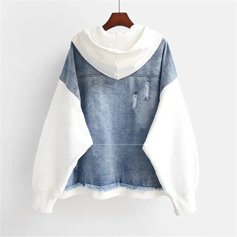 Fake Two-piece Denim Hoodies Coat Women Spring Autumn Trend Cardigan Hoodie Casual Loose Hooded Baseball Jacket Streetwear Woman.