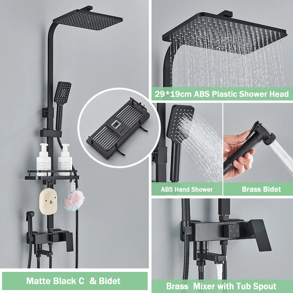 Rainfall Bathroom Shower Faucet Kit With Bidet Wall Mounted Stainless Steel Hot Cold Water Mixer Tap System With Rack,Tub Spout