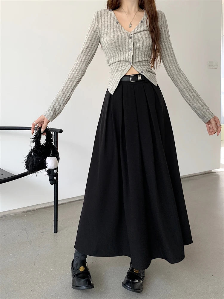 2024 New Korean Skirt Women Solid Color Versatile Mid-length Pleated Skirt Large Swing Type Skirt Female Long Skirts for Women