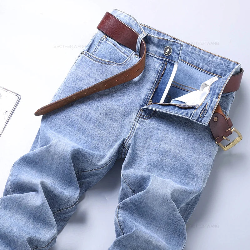 Spring Men's Light Blue Slim Jeans Stylish Casual Stretch Fabric Denim Pants Classic Trousers Smoke Gray.