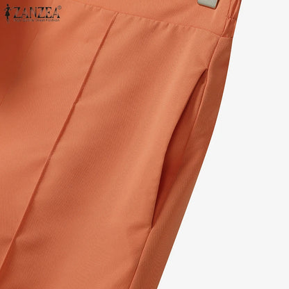 ZANZEA Fashion 2 Piece Sets Woman Elegant V-Neck Short Sleeve Shirts Wide Leg Pants 2pcs Suits Office Lady Commuting Pant Sets.