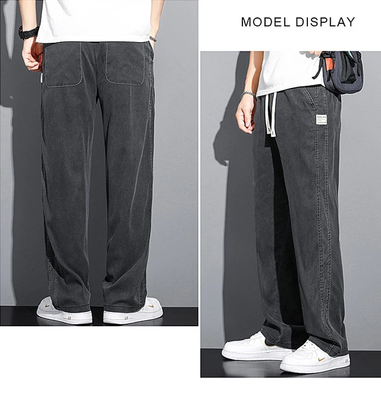2024 Spring/Summer New Soft Lyocell Fabric Men's Jeans Thin Loose Straight Leg PantsDrawstring Elastic Waist Korean casual pants.