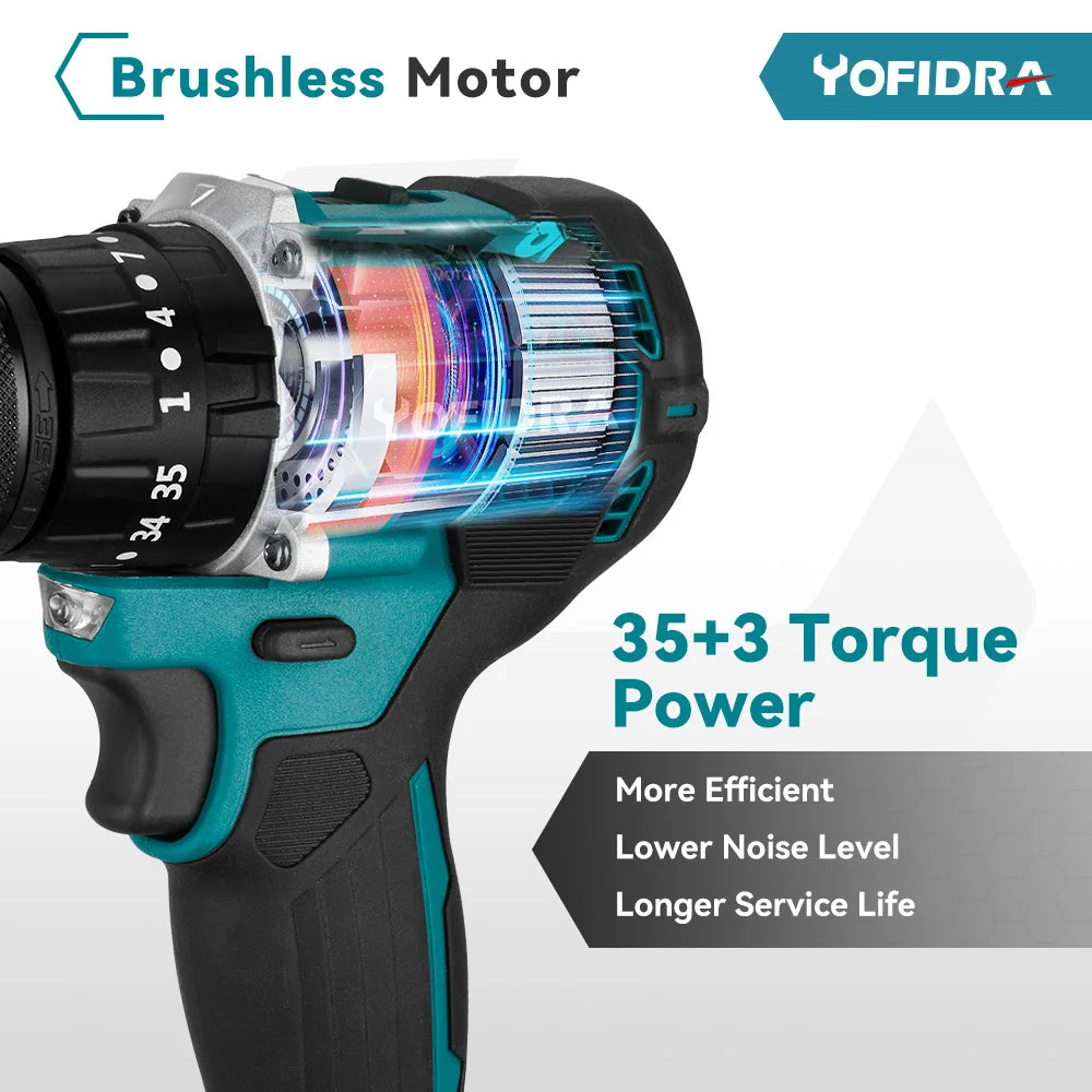 YOFIDRA 13 MM Bürstenlosen Elektrischen Schlagbohrmaschine 35 + 3 Drehmoment Cordless Holzbearbeitung Schraubendreher Power Tool Für Makita Batterie pin