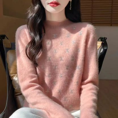 Temperament Fashion Autumn Winter New Sweaters Women Turtleneck Diamonds Long Sleeve Loose Pullovers Bottoming Shirt Knitted Top