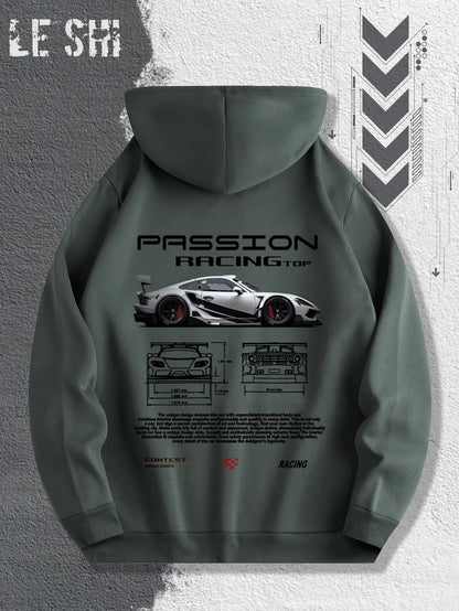 2025 Men's Autumn and Winter Car Print Hooded and Fleece Versatile Sporty Casual Loose Street Style Autumn and Winter Pullover.
