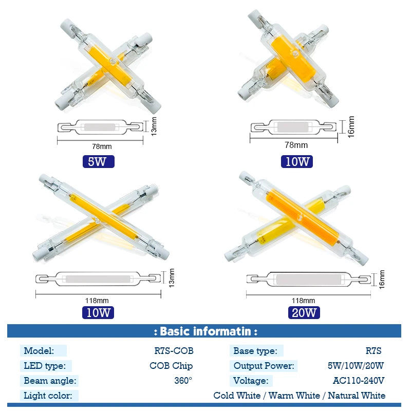 LED R7S Glass Tube COB Bulb 5W 10W 20W High Power R7s Corn Lamp 78mm 118mm J78 J118 Replace Halogen Light AC 220V 110V Lampadas.