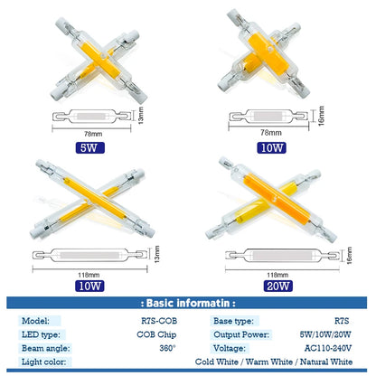LED R7S Glass Tube COB Bulb 5W 10W 20W High Power R7s Corn Lamp 78mm 118mm J78 J118 Replace Halogen Light AC 220V 110V Lampadas.
