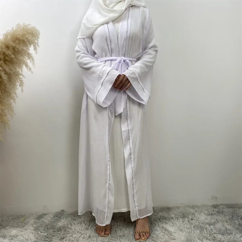 New Eid Ramadan Diamonds Open Kimono Abaya for Women Kaftan Muslim Dress Dubai Turkey Robe Islam Clothing Kebaya Caftan Jalabiya.