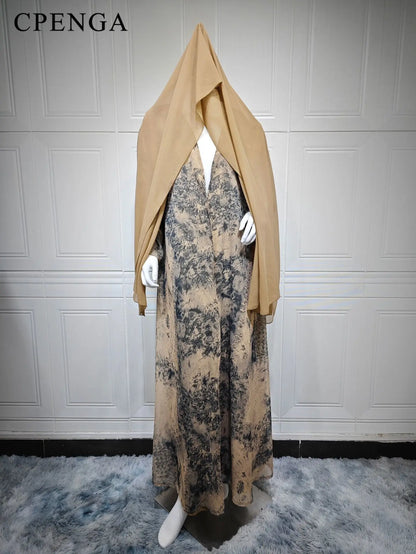 2025 sommer Arabisch Frauen Muslimische Kleidung Ramadan Dubai Offene Abaya Kleid mit Hijab Islam Gedruckt Chiffon 2 Stück Outfit