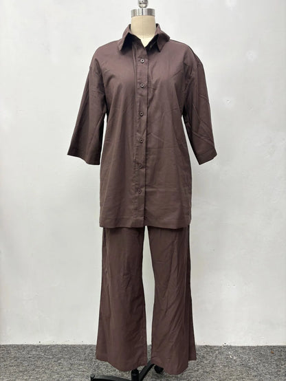 Spring and summer casual shirt long pants two-piece set 2025 new women's fashion lapel loose suit women's daily wear.