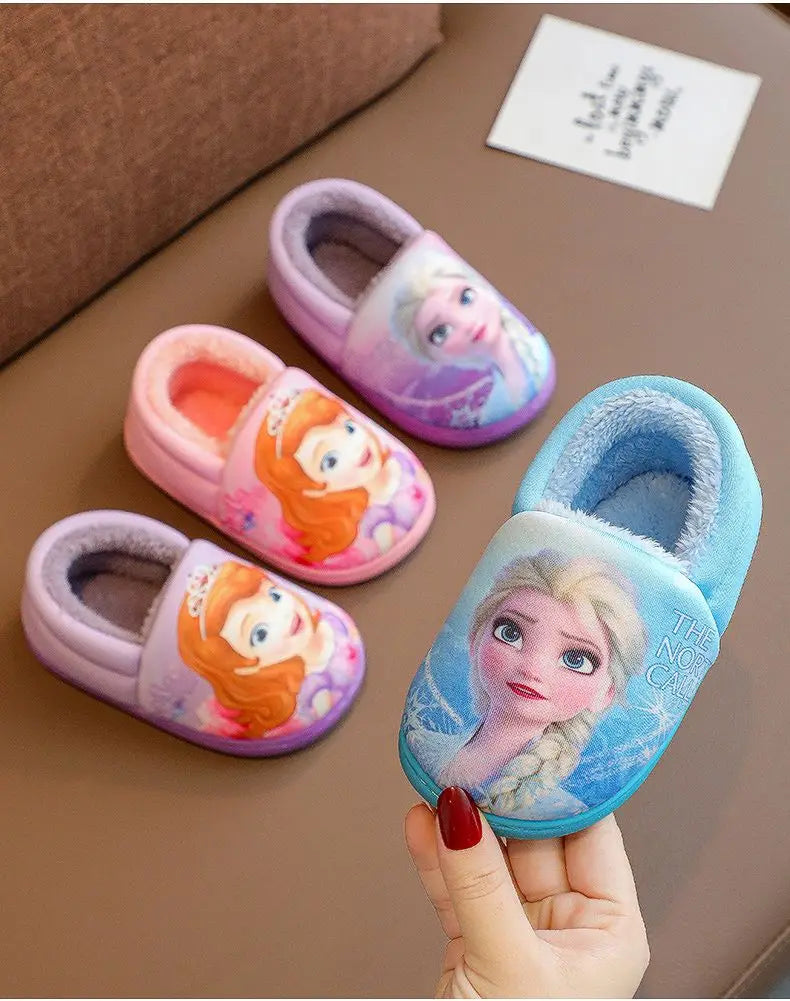 Disney Princess Elsa Winter Children's Heel Cotton Slippers Girls' Warm Frozen Kids' Cotton Black Purple Flats Shoes Size 24-40.