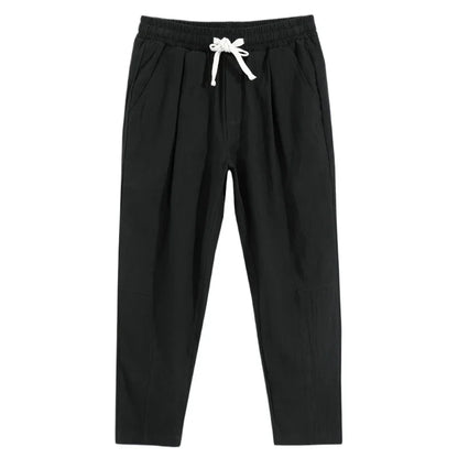 Mens Lightweight Cotton Pants Casual Solid Color Sweatpants Straight Drawstring Baggy Streetwear Breathable Ninth Pants.