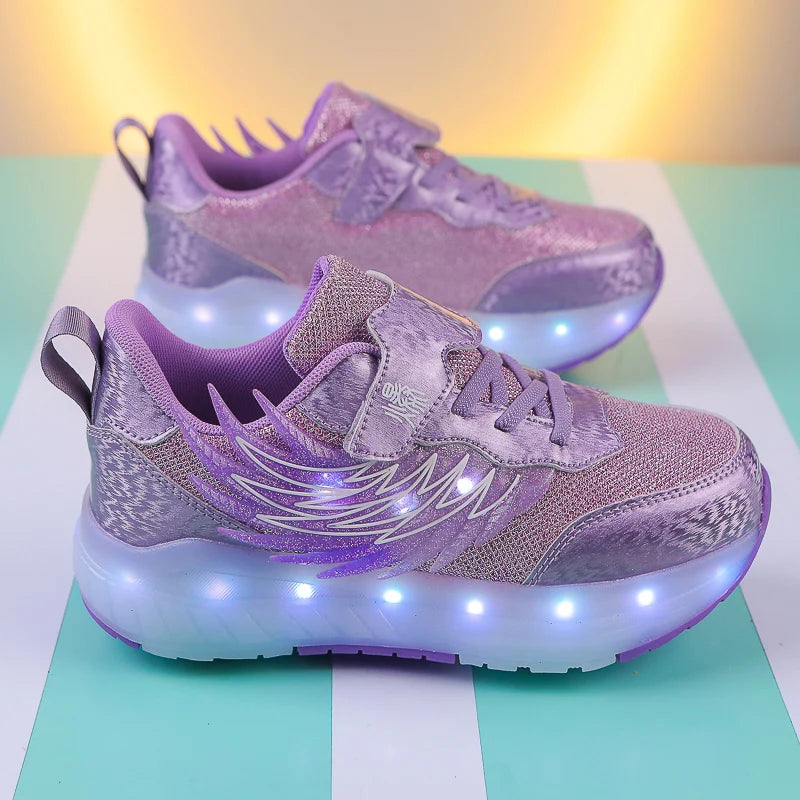 Boys Girls Roller Shoes LED Light Up USB Charging Children Roller Skate Casual Skateboarding Shoes Sports Shoes Kids Sneakers.